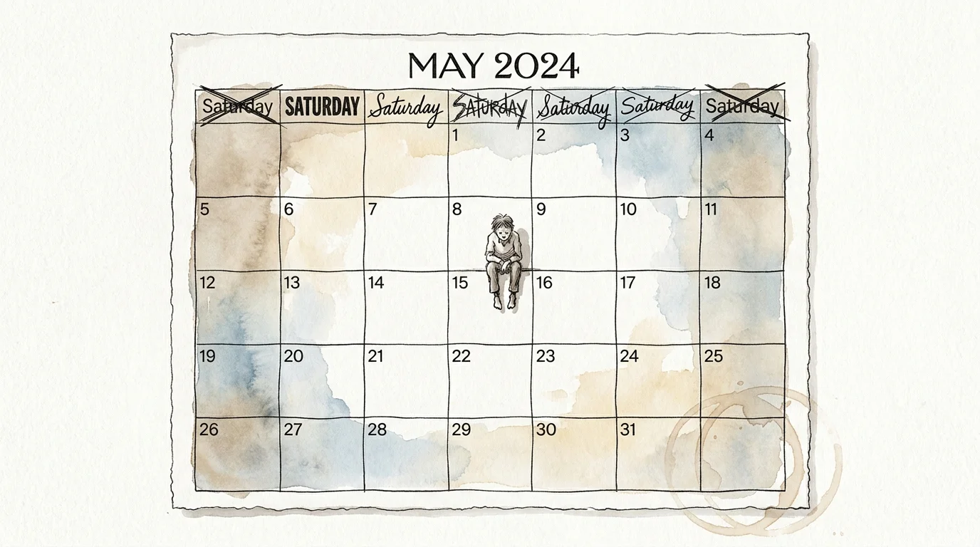 An illustration of a wall calendar where every day of the week has been rewritten as 'Saturday,' with a small figure sitting on a date box.