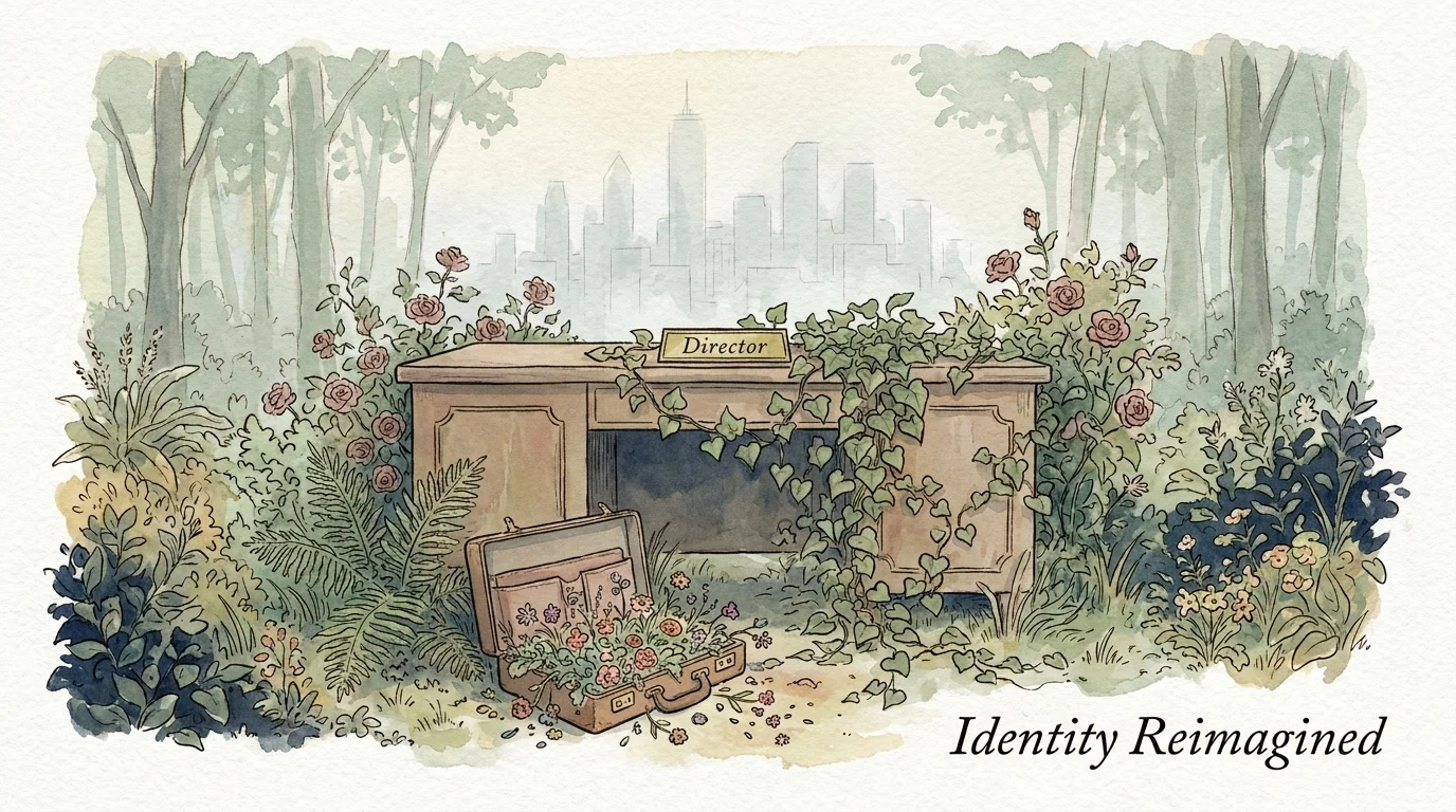 An illustration of an office desk in a garden being overtaken by vines, symbolizing the shift from professional identity to personal growth.