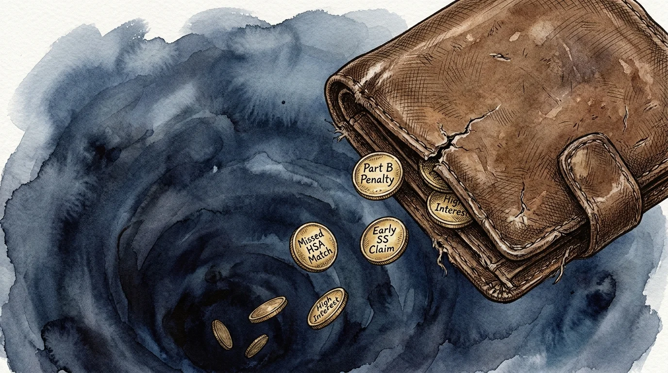 An illustration of coins falling out of a leather wallet, labeled with different retirement financial mistakes.