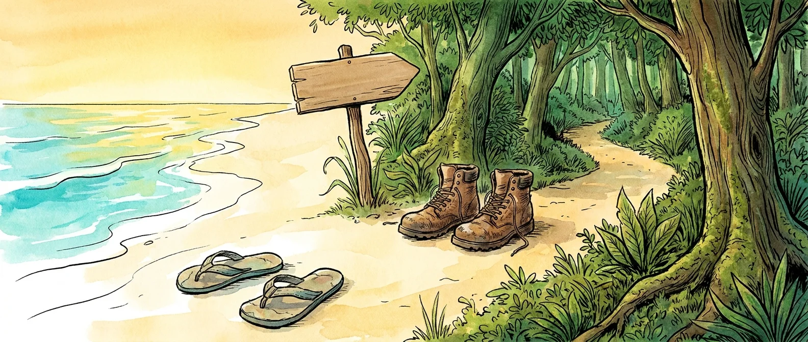 An illustration of hiking boots and flip-flops at the start of a forest path, symbolizing the transition to a new phase.