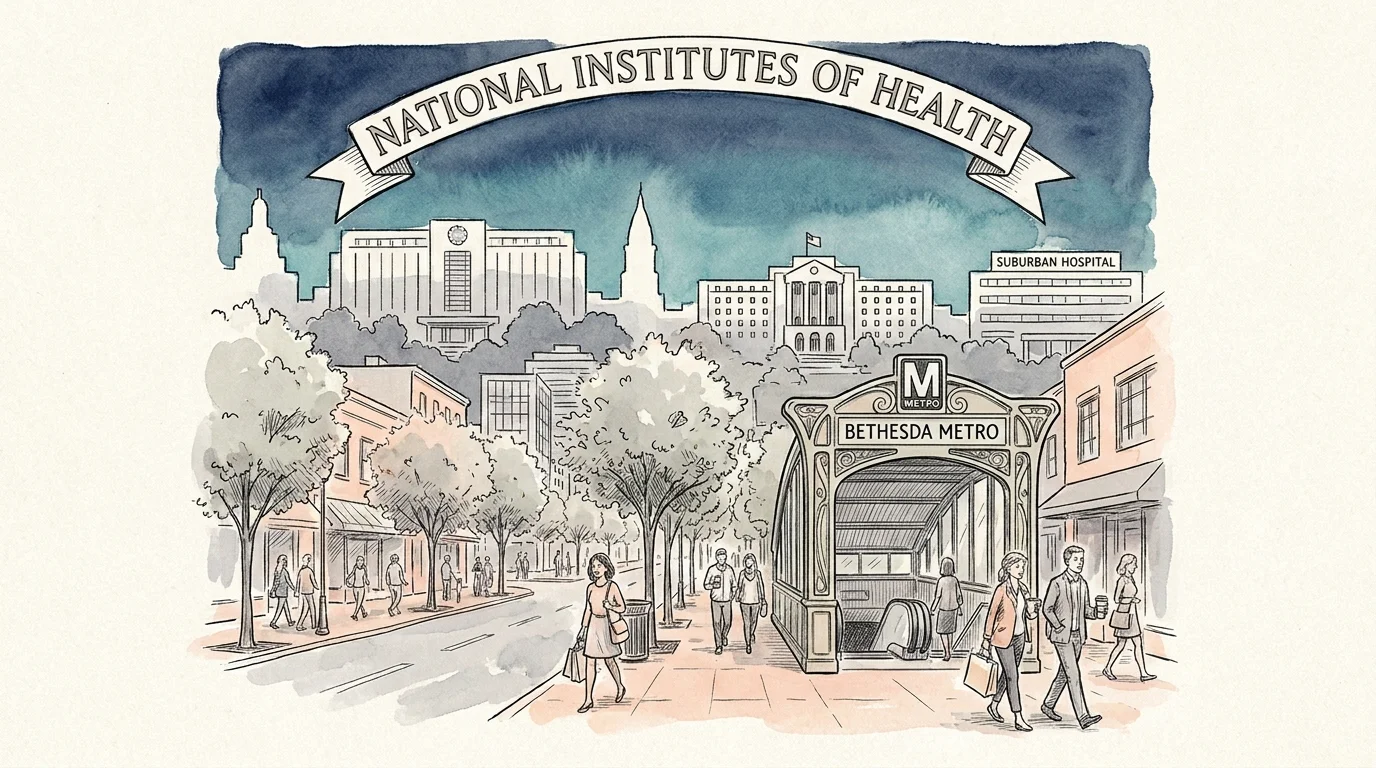 An illustration of the Bethesda skyline featuring medical centers and a metro station entrance.