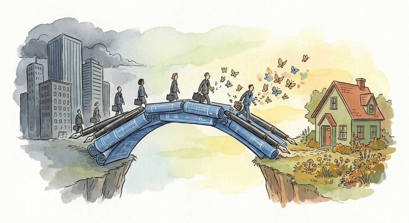 An illustration showing a bridge of blueprints connecting a tall office building to a cozy home, symbolizing the transition of career skills