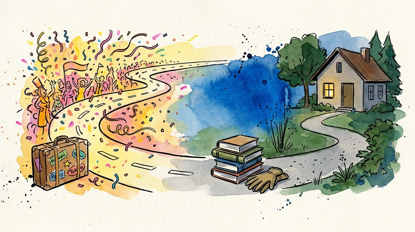An illustration showing a colorful travel-themed road transitioning into a quiet, green path of domestic hobbies.