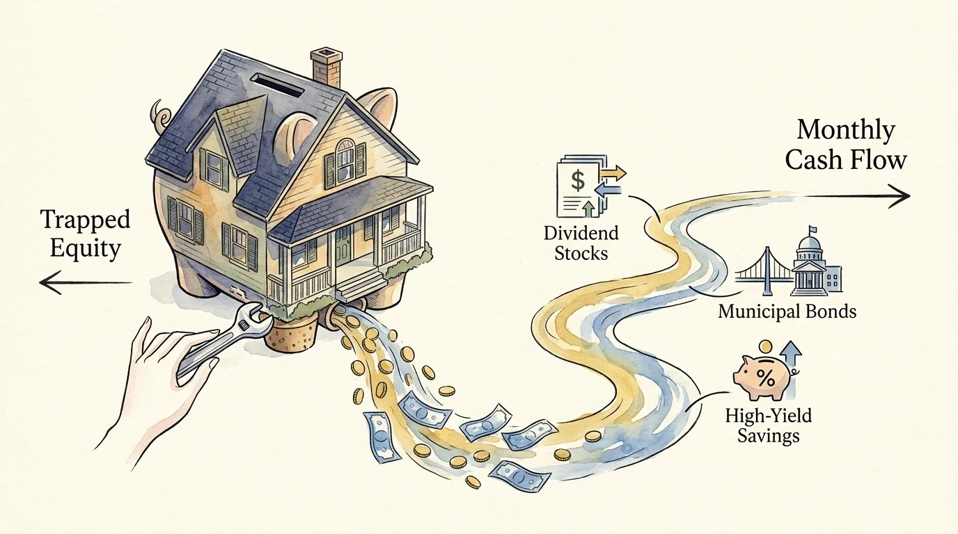 An illustration showing a large house being converted into a flowing river of income-producing assets like stocks and bonds.