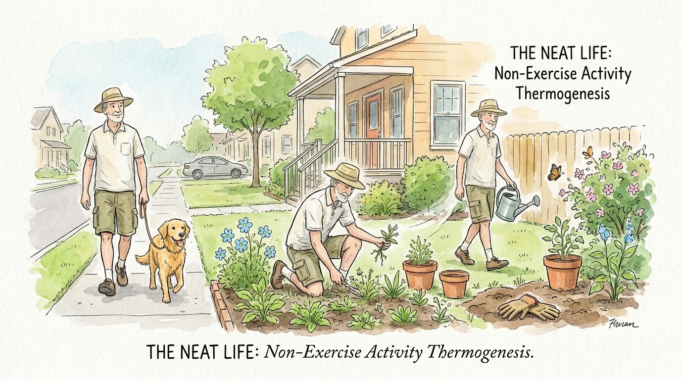 An illustration showing a man engaged in various natural movements like gardening and dog walking throughout his day.
