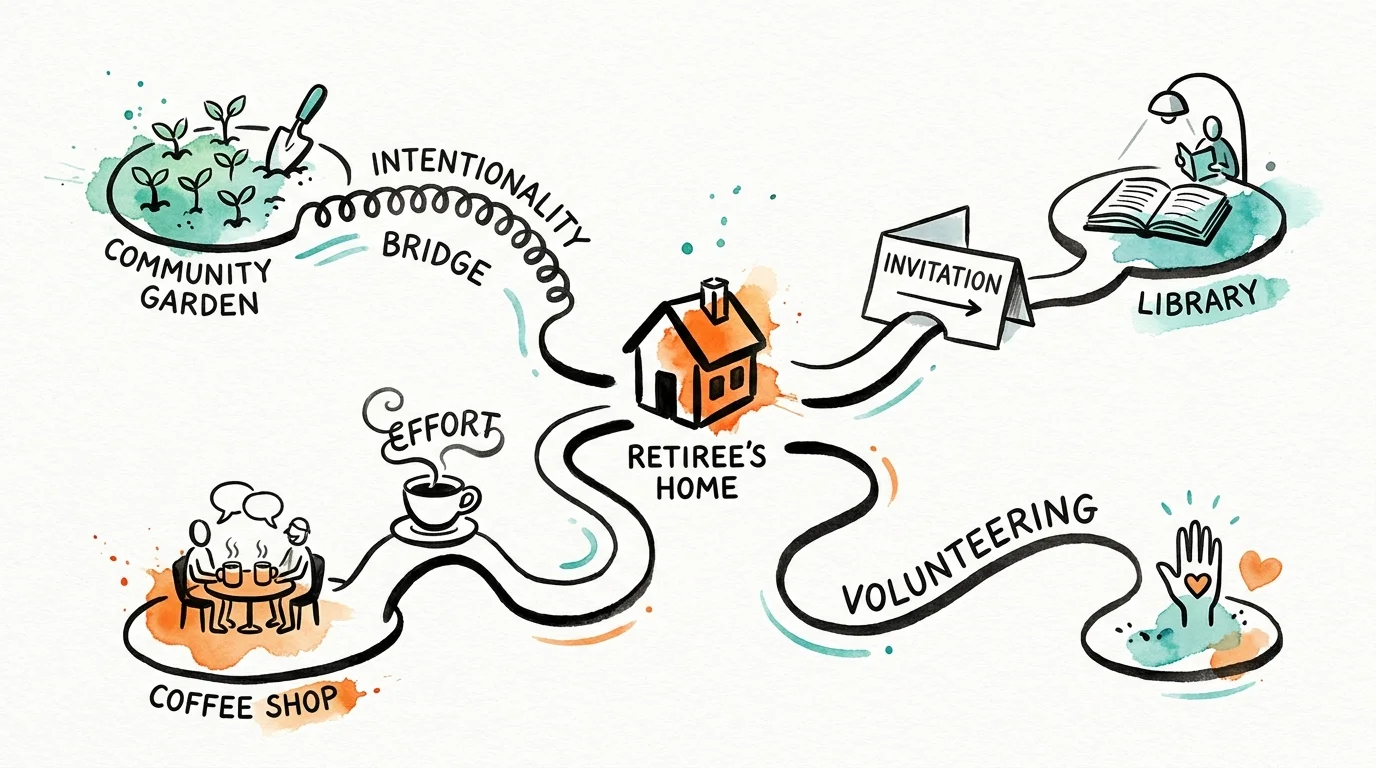 An illustration showing a person's home connected by winding paths to community activities like gardening, the library, and volunteering.