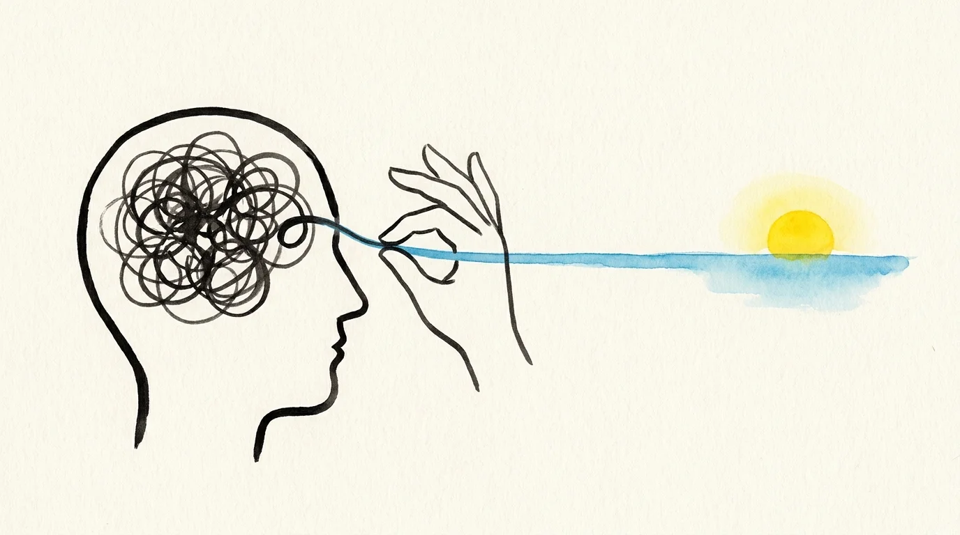 An illustration showing a tangled mess of lines inside a head being unraveled into a calm, straight horizon.