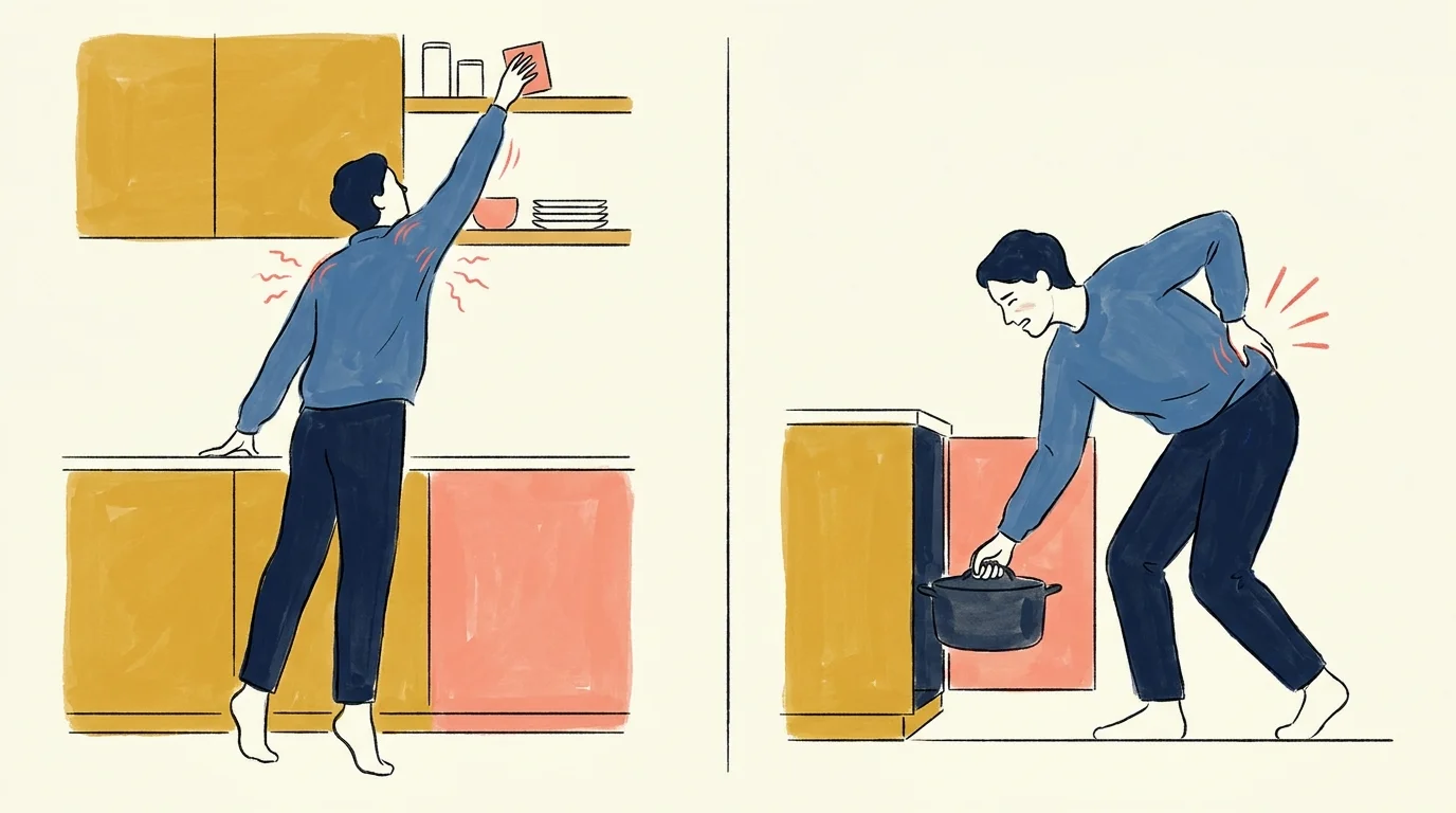 An illustration showing the physical strain of reaching for high shelves and bending down for low cabinets.
