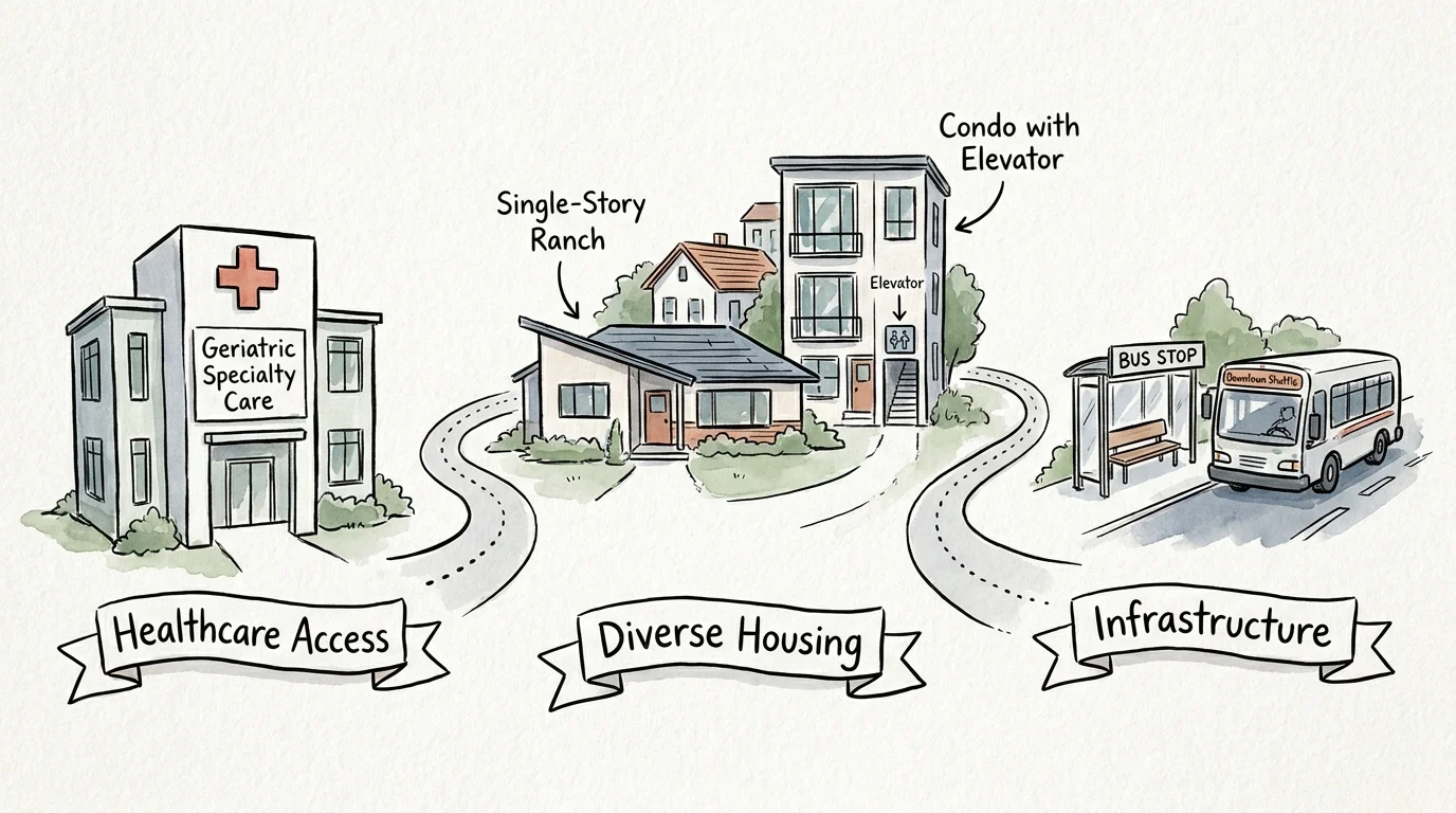 An illustration showing three components of a senior-friendly suburb: specialized healthcare, diverse housing, and public transit.