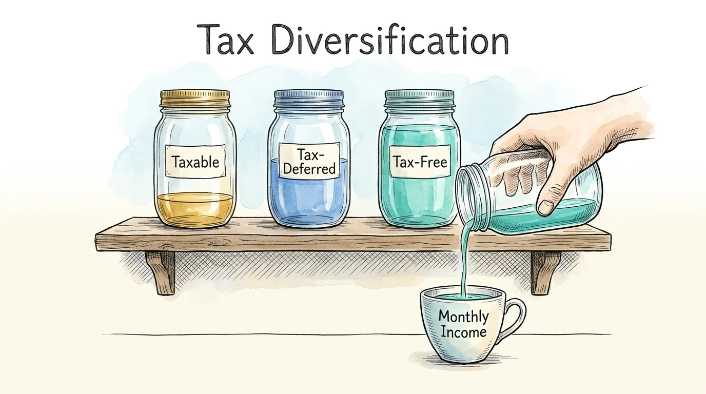 An illustration showing three jars labeled Taxable, Tax-Deferred, and Tax-Free, representing retirement tax strategy.
