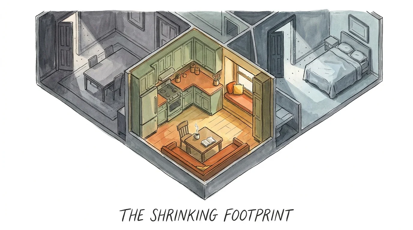 An illustrative floor plan where most rooms are gray and unused, while only the kitchen and a small area are brightly colored.