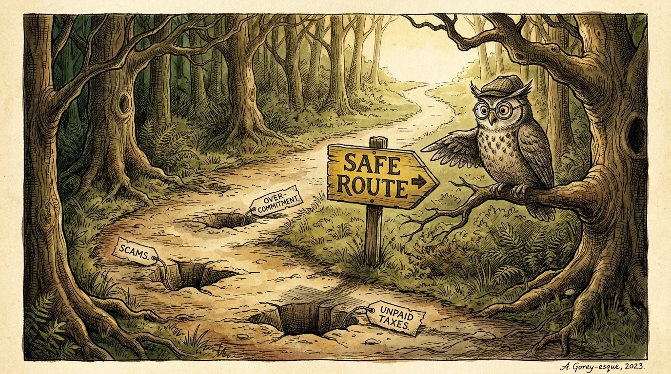 An illustrative path with signs warning against scams and unpaid taxes, symbolizing financial safety.