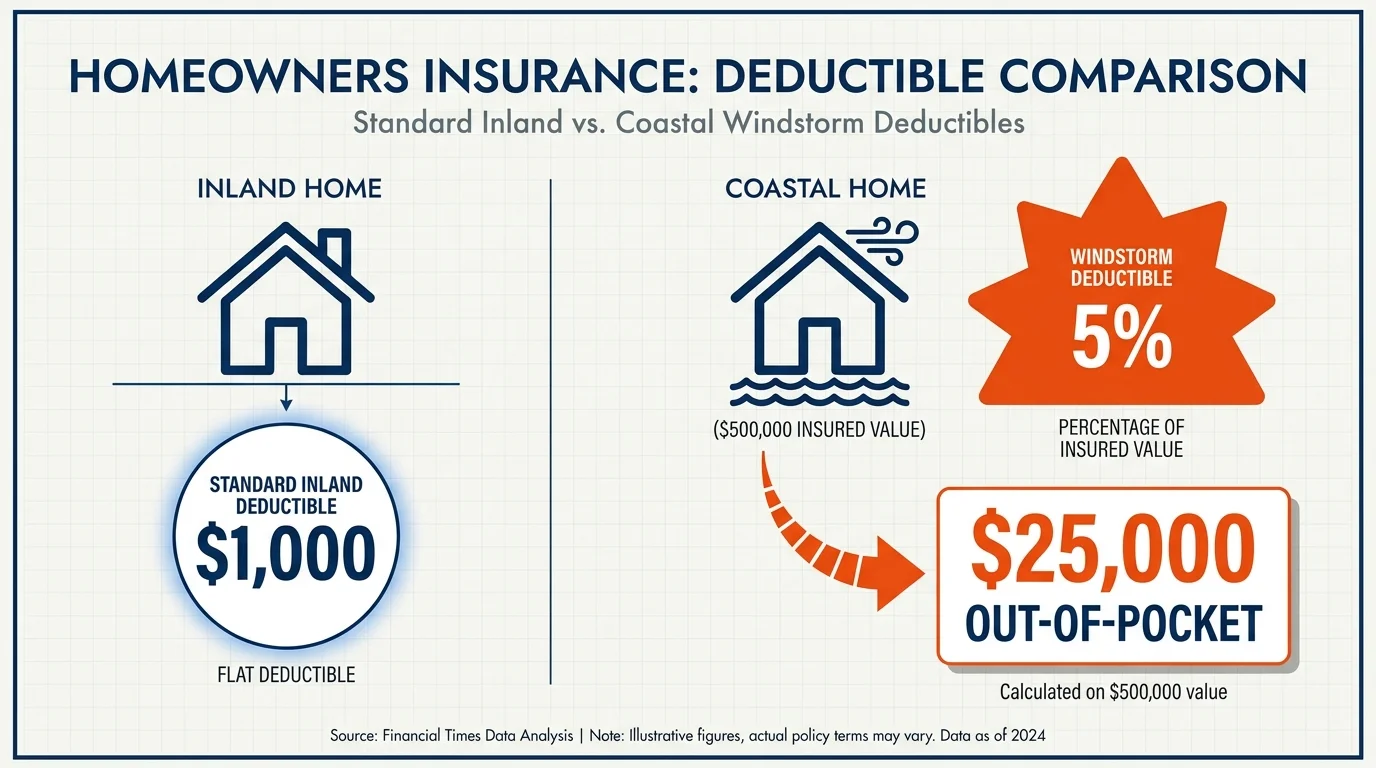 An infographic comparing a $1,000 inland deductible to a $25,000 windstorm deductible for a $500,000 coastal home.