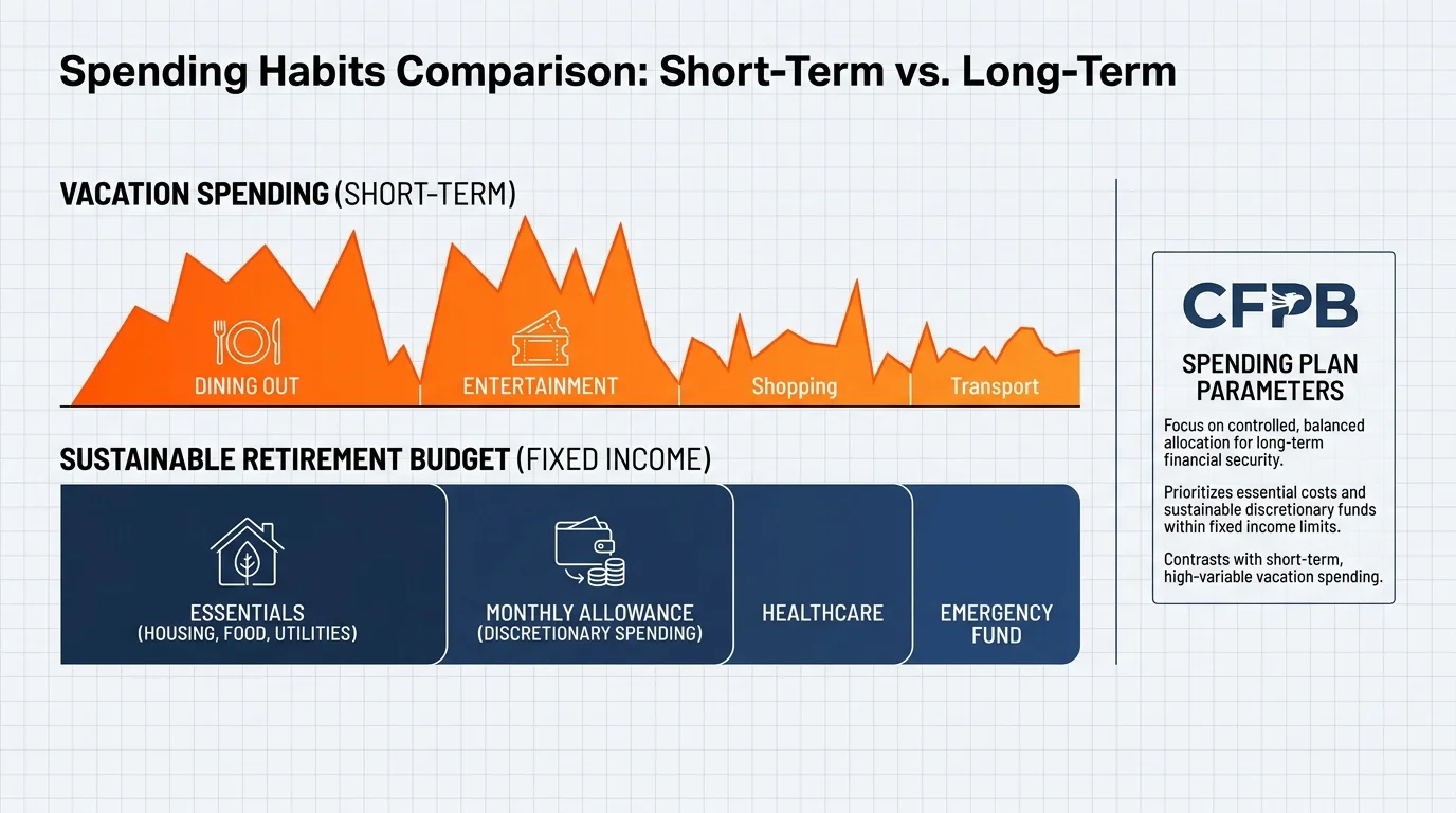 An infographic comparing a high-cost vacation spending model to a balanced, sustainable retirement budget.