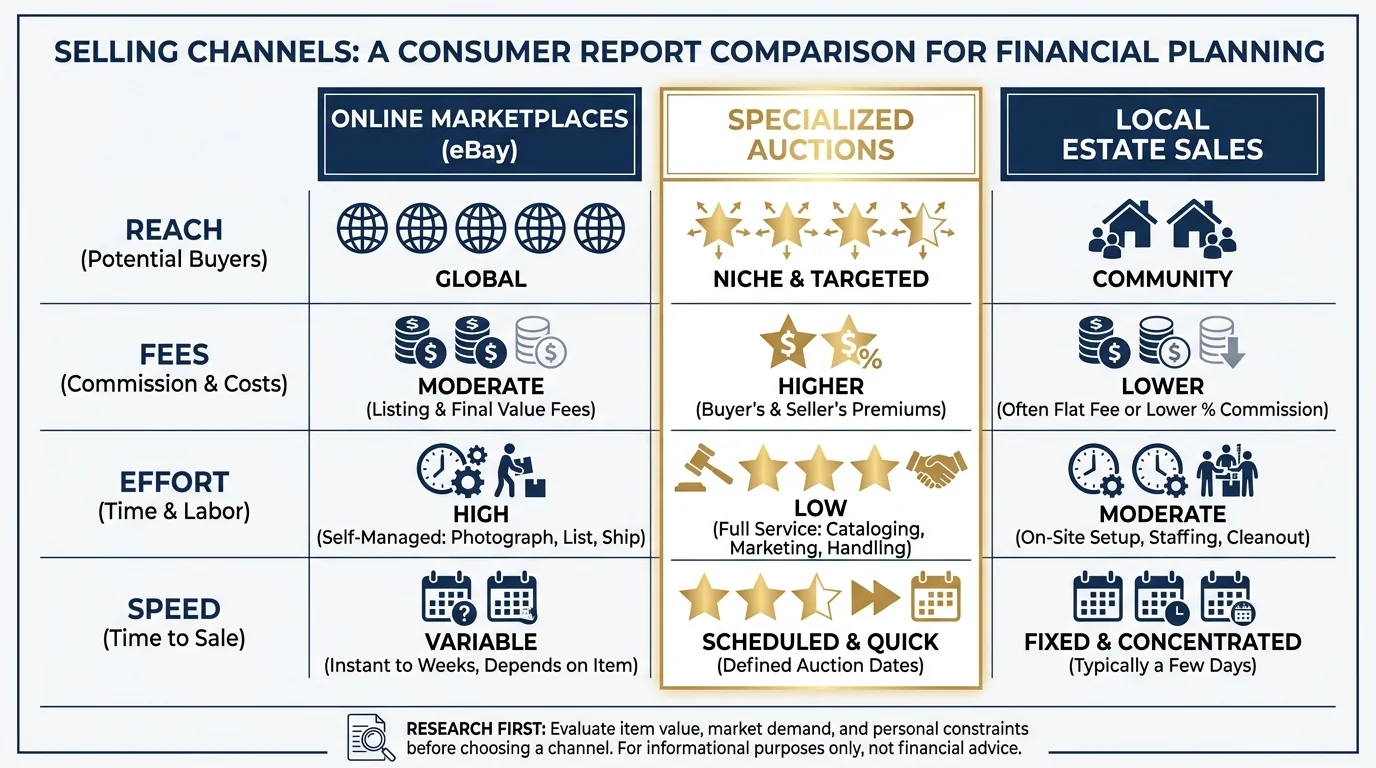 An infographic comparing different ways to sell collectibles, including online marketplaces and estate sales.