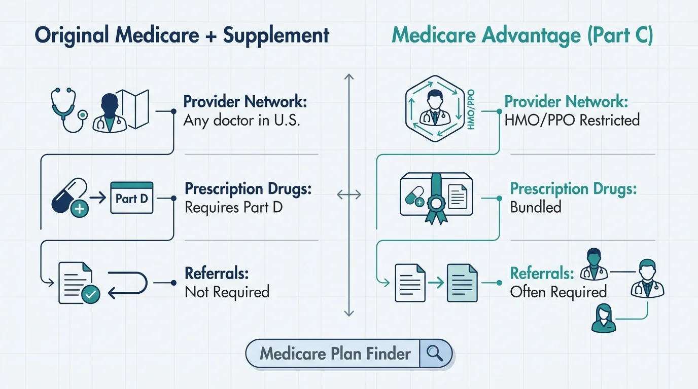 An infographic comparing Original Medicare plus a Supplement plan against Medicare Advantage (Part C) features.