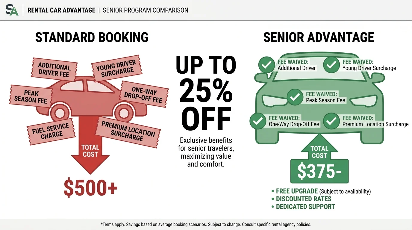 An infographic comparing standard car rentals with senior benefits like 25% discounts and fee waivers.