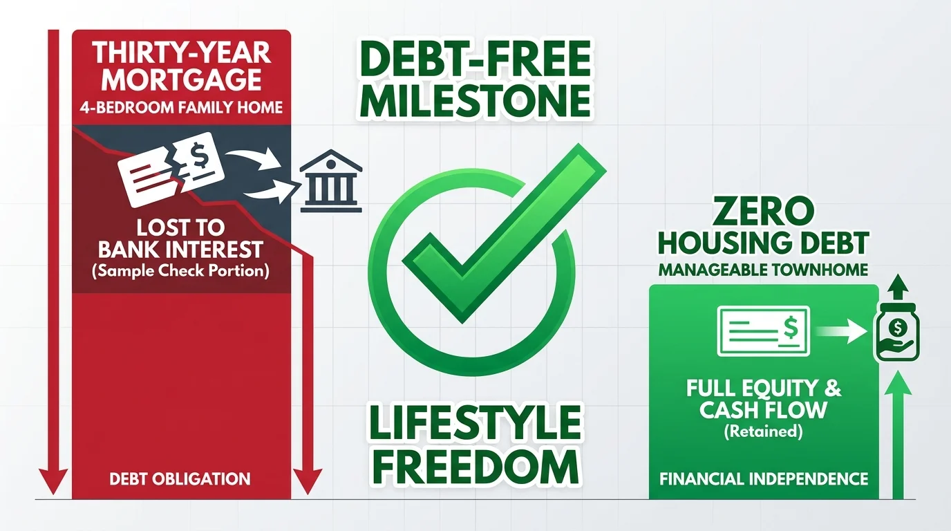 An infographic comparing the high cost of a long-term mortgage against the financial freedom of a debt-free cash purchase.