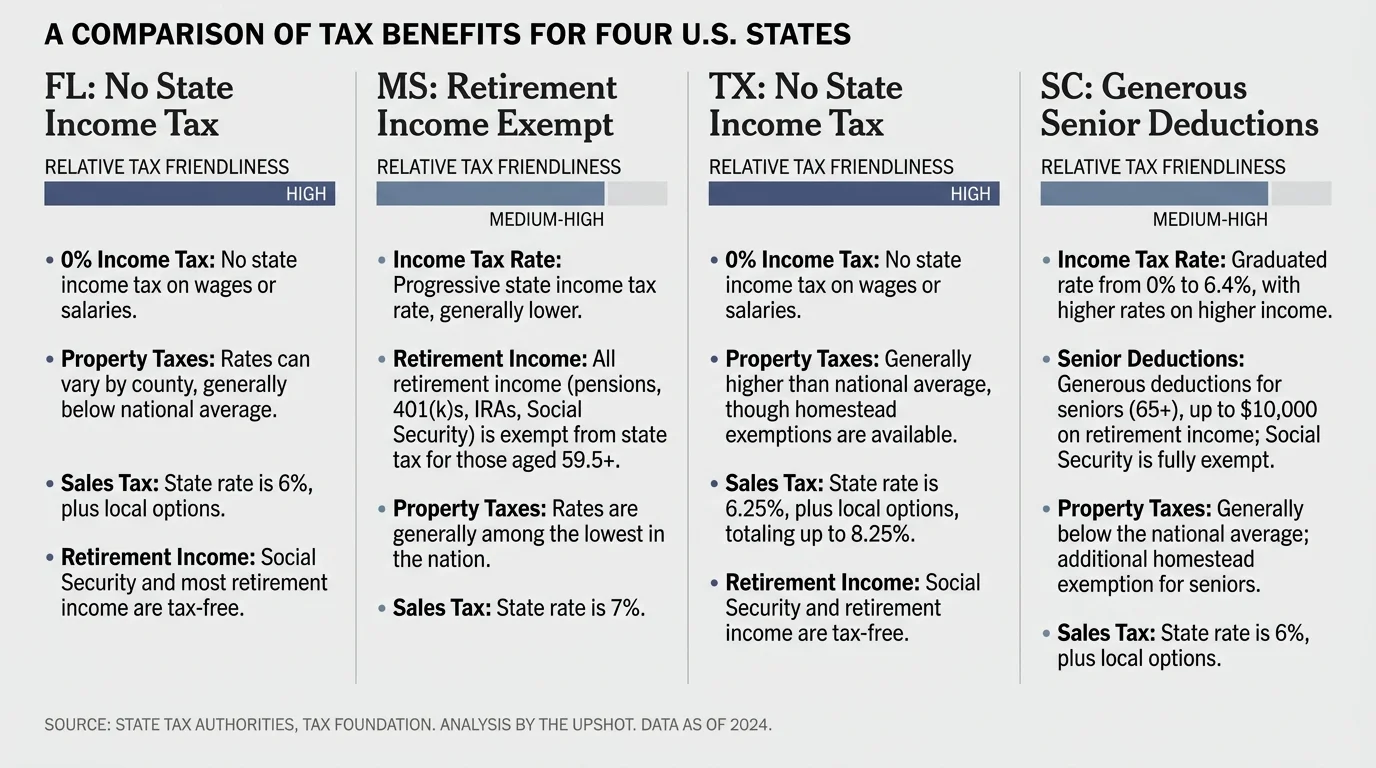 An infographic comparing the tax benefits for retirees in Florida, Mississippi, Texas, and South Carolina.