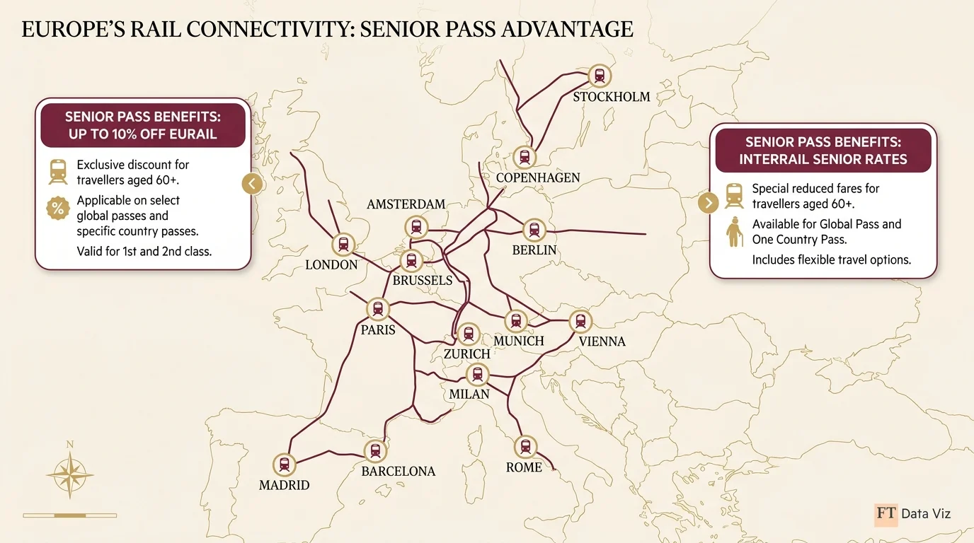 An infographic map of Europe highlighting senior rail pass discounts for international travel.