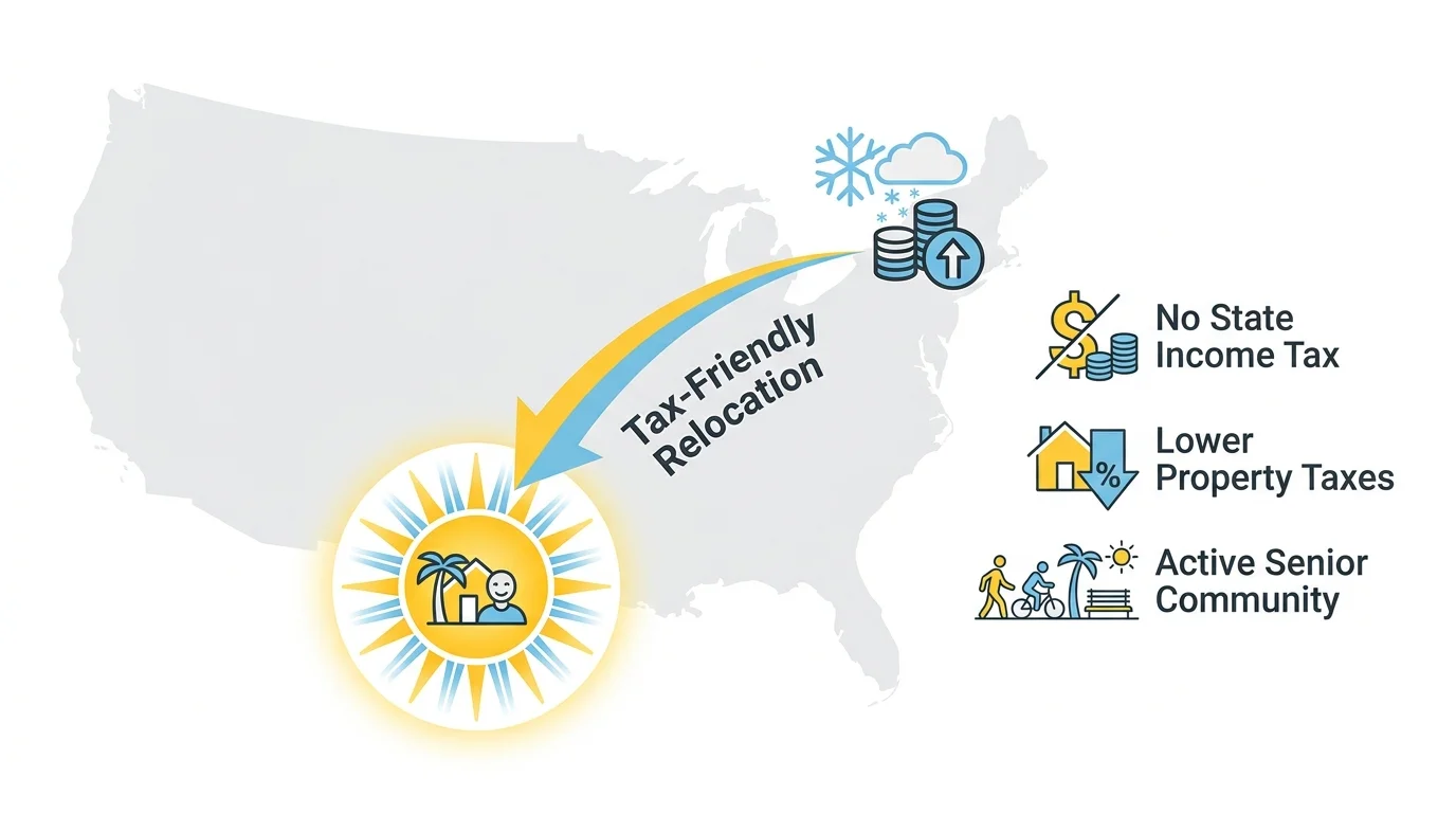An infographic map showing a move from a high-tax region to a tax-friendly state with better amenities for seniors.