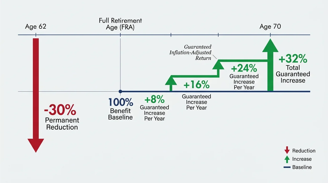 An infographic showing a -30% benefit reduction at age 62 versus an 8% annual increase for waiting until age 70.
