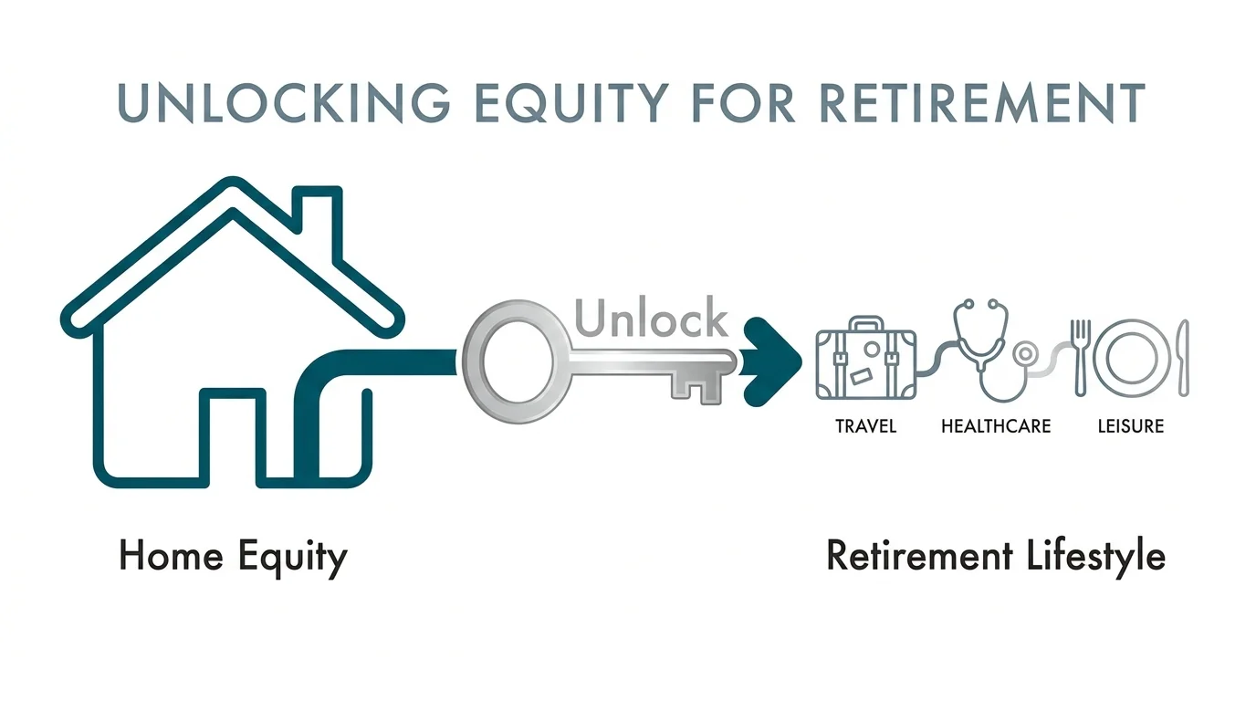 An infographic showing a house icon connected by a key to icons for travel, healthcare, and leisure.