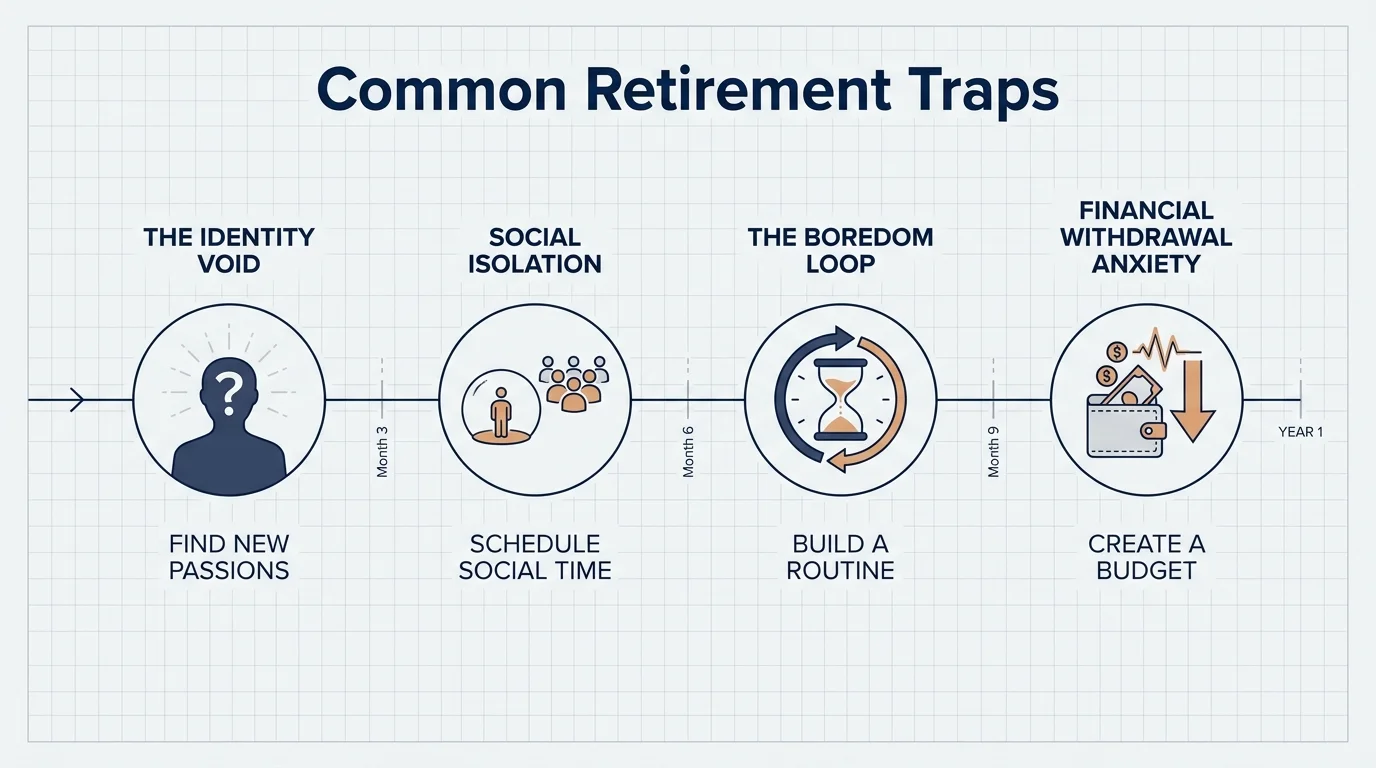 An infographic showing 'Common Retirement Traps' like social isolation and identity void, with simple strategies to avoid them.