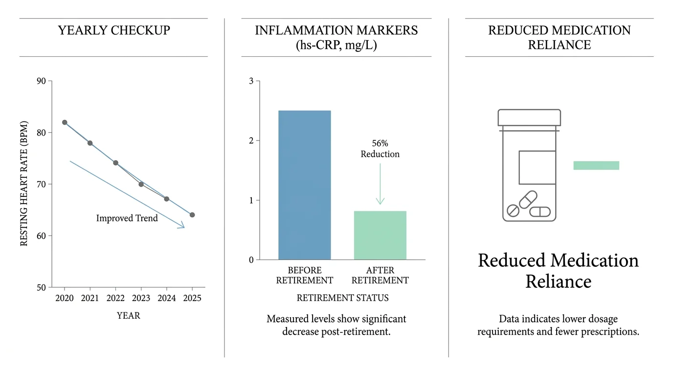 An infographic showing decreasing heart rate and inflammation markers over time since retirement.