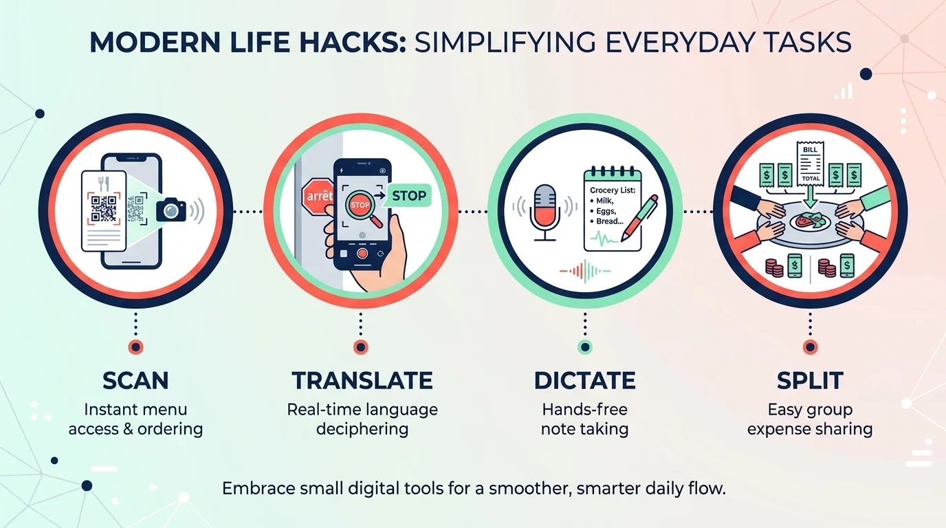 An infographic showing four digital life hacks: scanning QR codes, translating text, voice notes, and splitting bills.