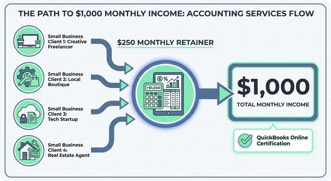 An infographic showing how four clients paying a $250 retainer adds up to a $1,000 monthly income through bookkeeping.