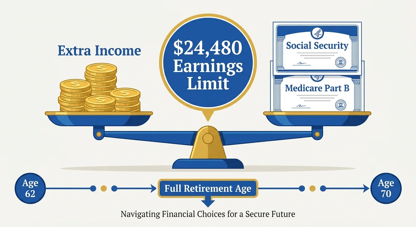 An infographic showing the $24,480 Social Security earnings limit and its impact on retirement benefits.
