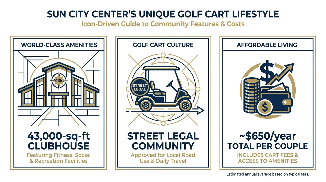 An infographic showing the 43,000-square-foot clubhouse and golf cart accessibility at Sun City Center for $650 per year.