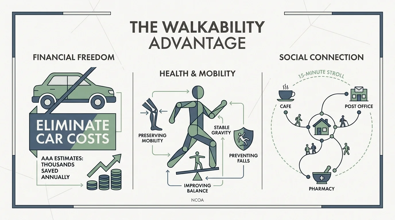 An infographic showing the financial, health, and social benefits of living in a walkable retirement community.