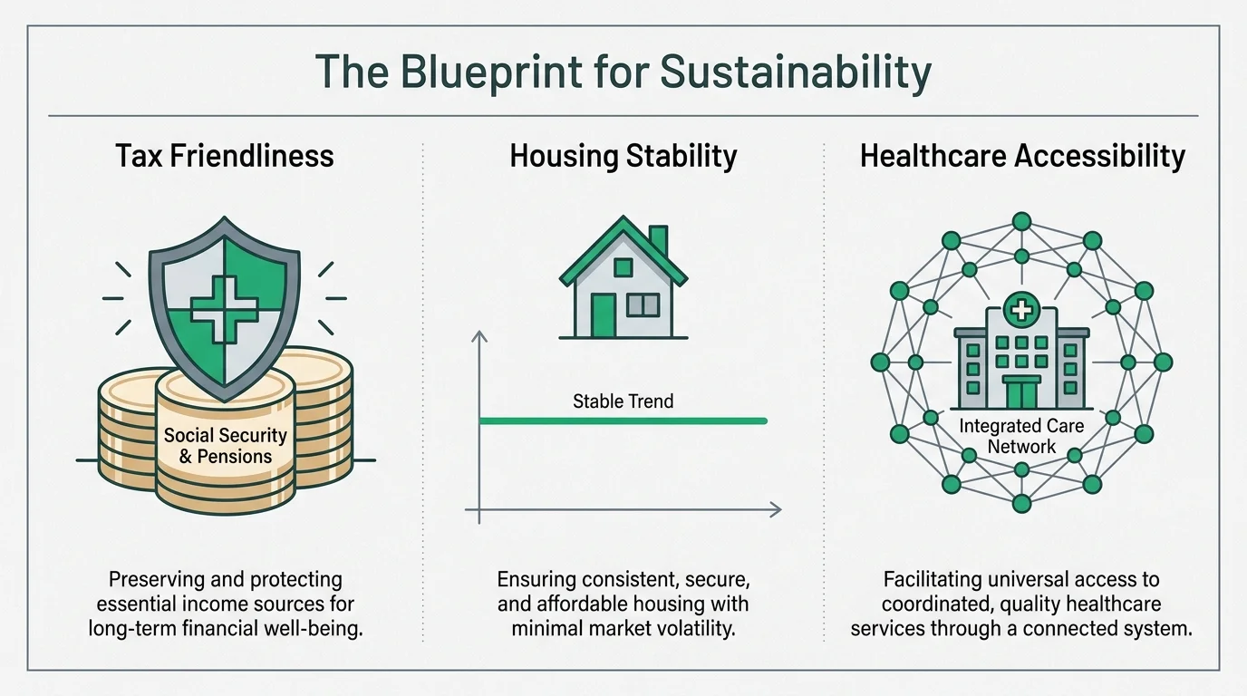 An infographic showing the three pillars of retirement sustainability: tax friendliness, housing stability, and healthcare access.