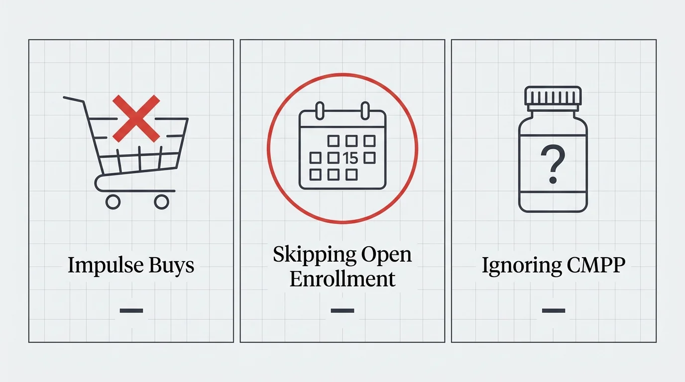 An infographic showing three common mistakes: impulse buys, skipping open enrollment, and ignoring pharmacy discounts.