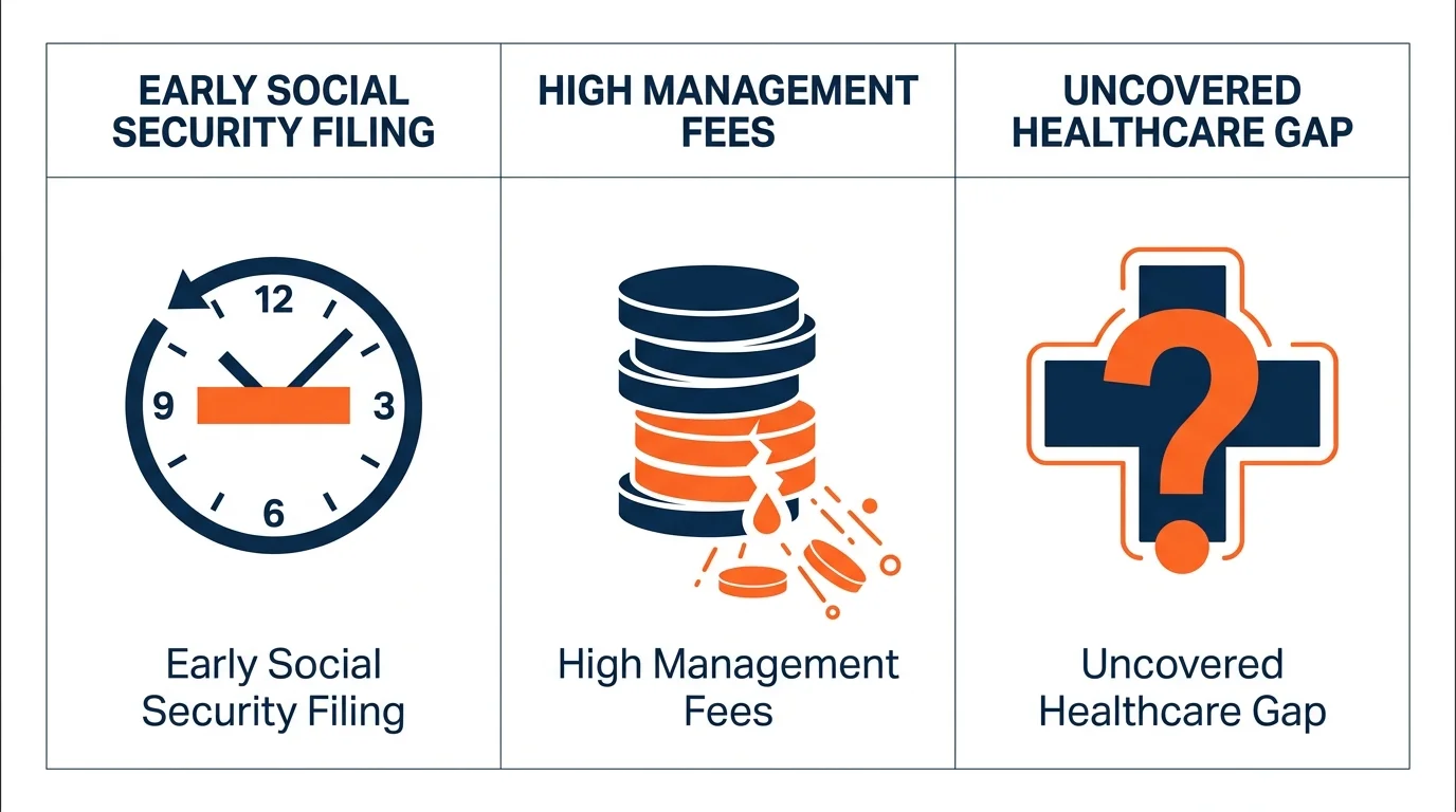 An infographic showing three icons for retirement errors: early filing, high fees, and healthcare gaps.