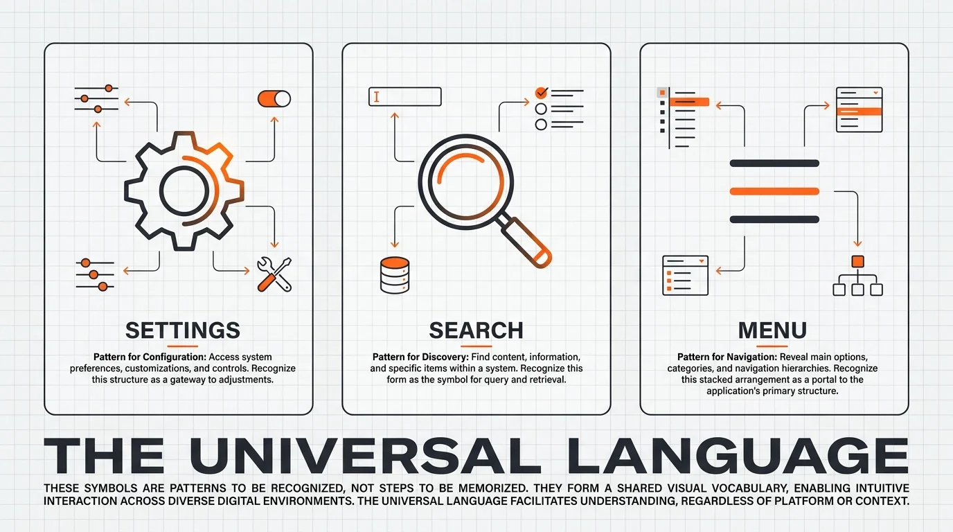 An infographic showing universal digital icons like the gear for settings and magnifying glass for search.