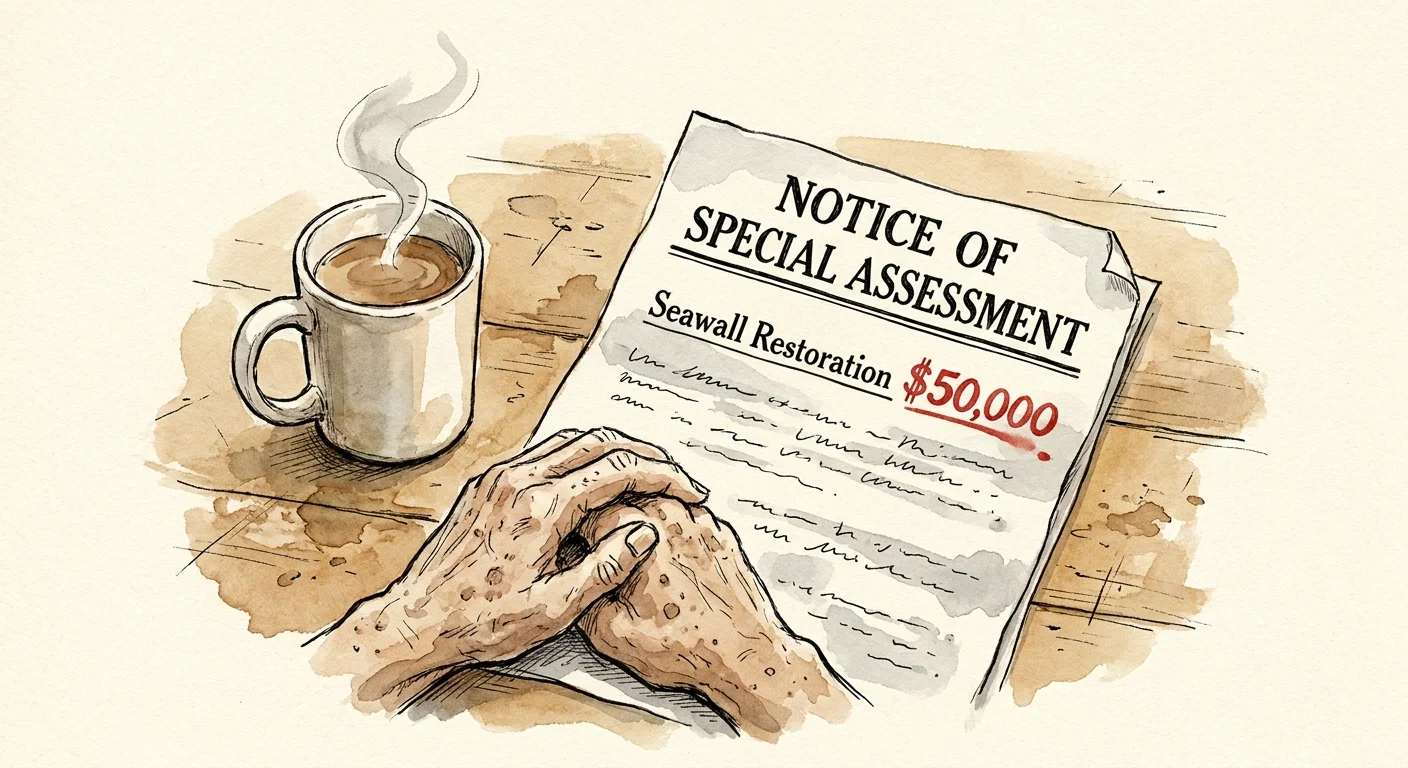 An ink and watercolor drawing of a person's hands next to a bill for a $50,000 special assessment for seawall repair.