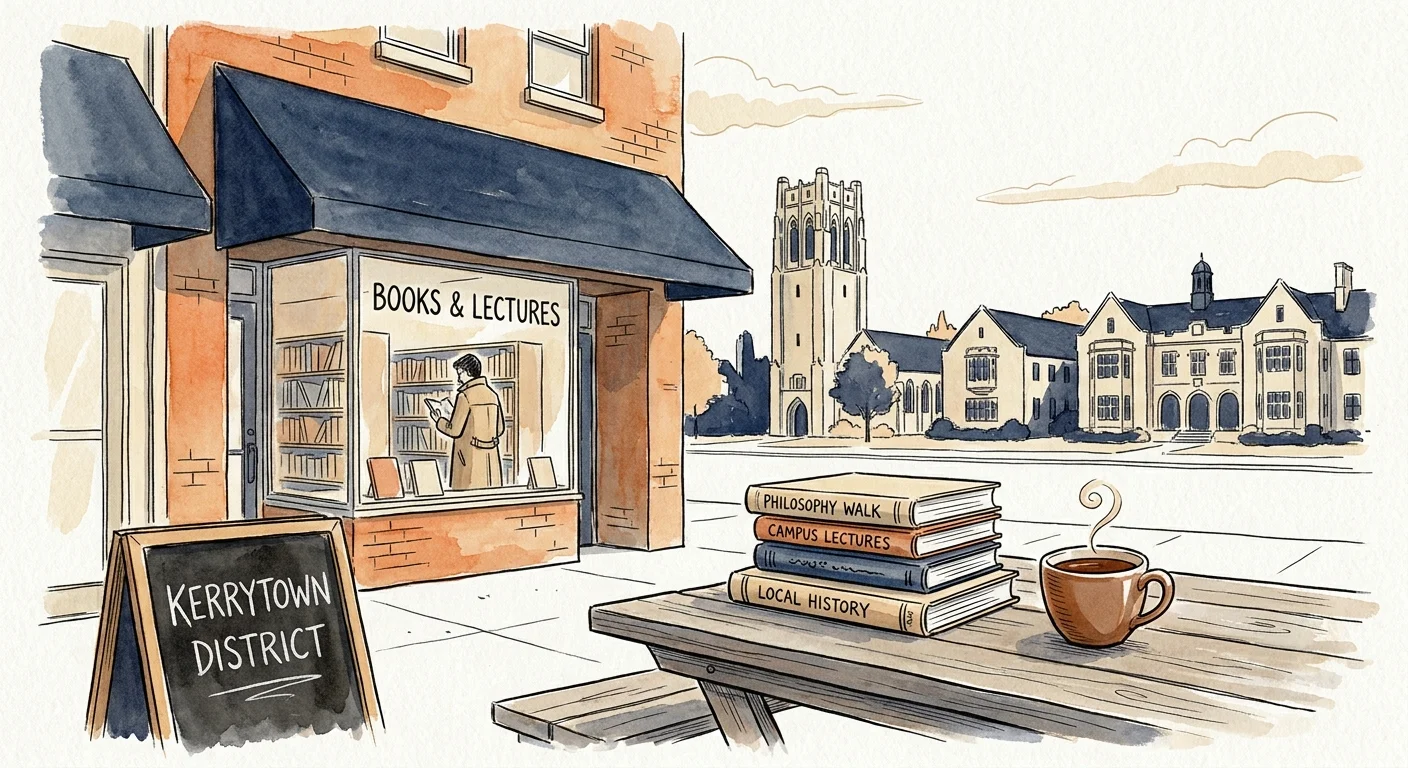 An ink and watercolor illustration of a charming Ann Arbor street featuring an independent bookstore and university architecture.