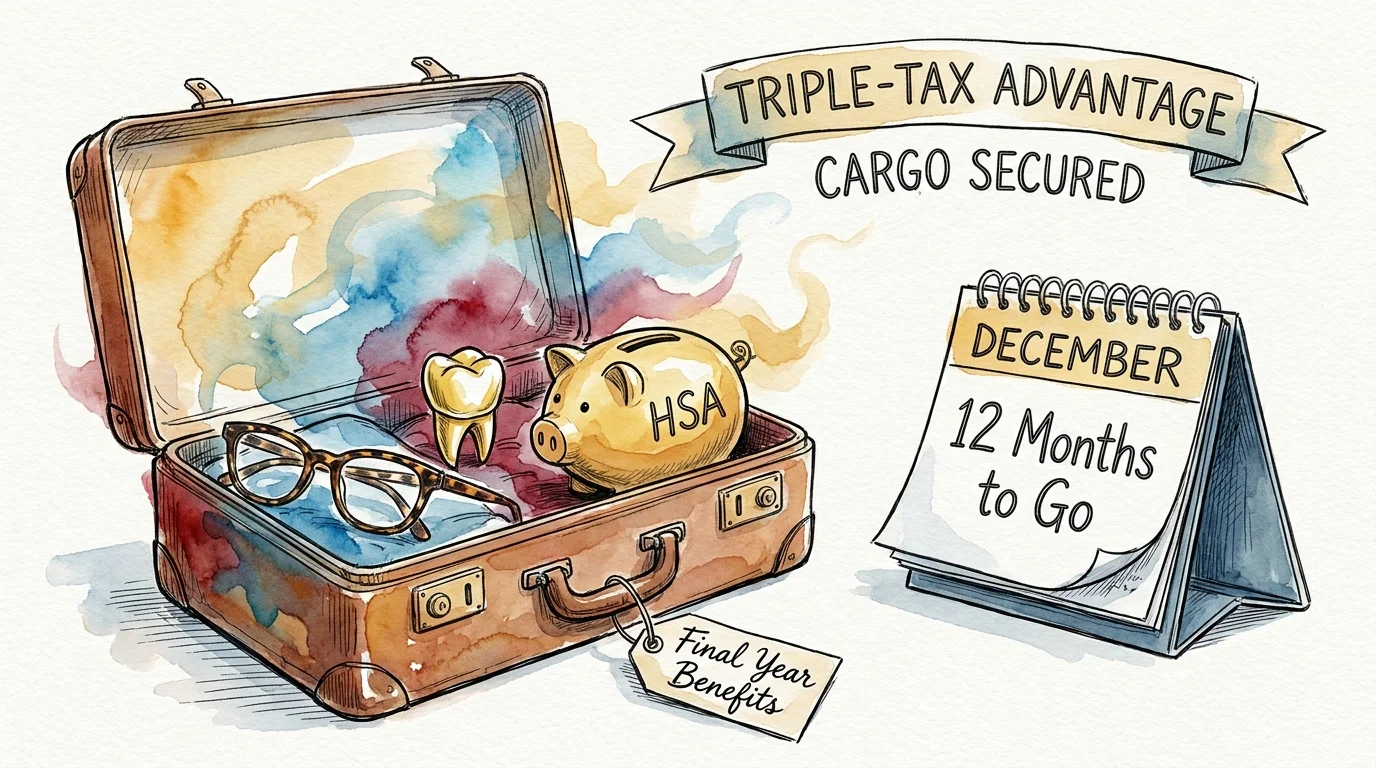 An ink and watercolor illustration of a suitcase being packed with eyeglasses, dental work, and an HSA bank labeled 'Final Year Benefits'.