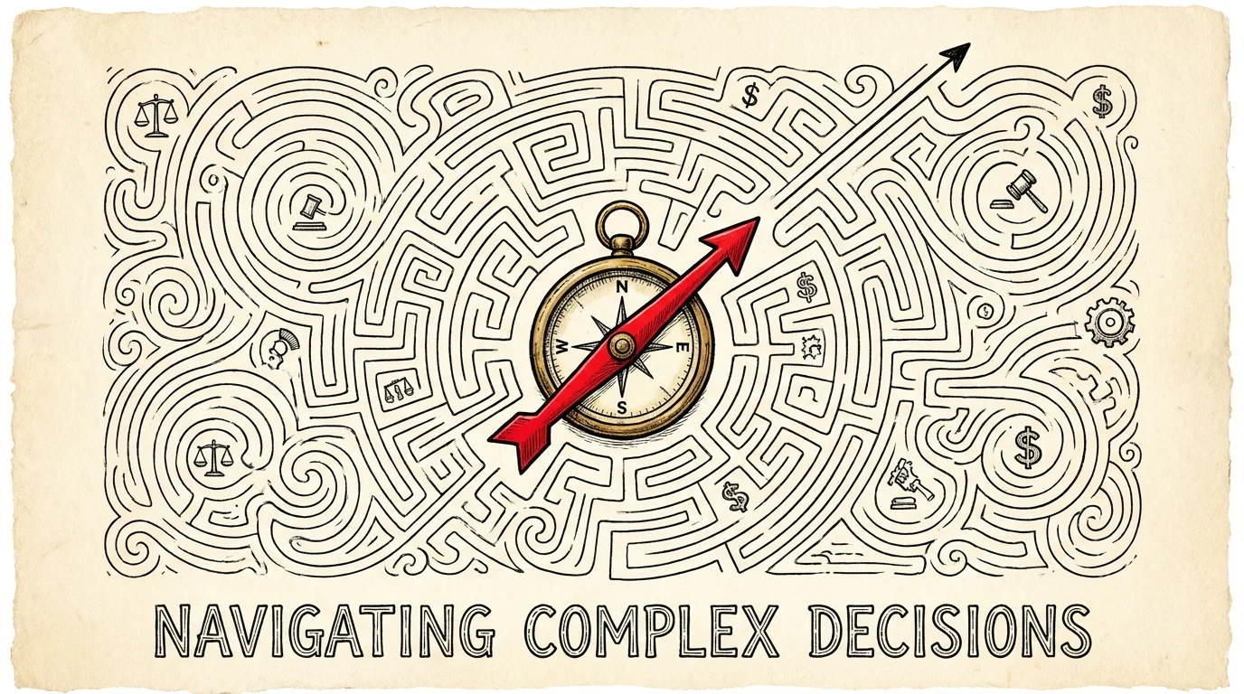 An ink illustration of a complex maze with a compass in the center, representing professional guidance.