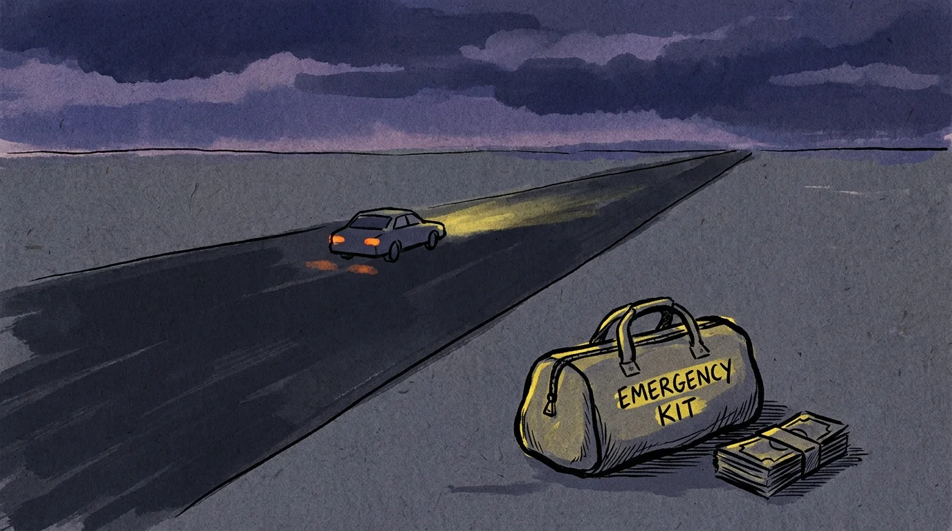 An ink sketch of a car evacuating under a storm sky, with an emergency kit and cash in the foreground.