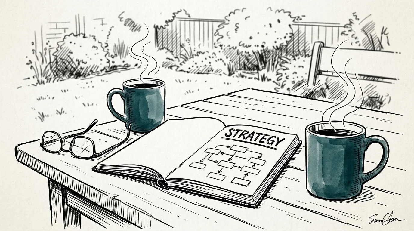 An ink sketch of two coffee mugs and a notebook with a 'Strategy' flowchart on a table.