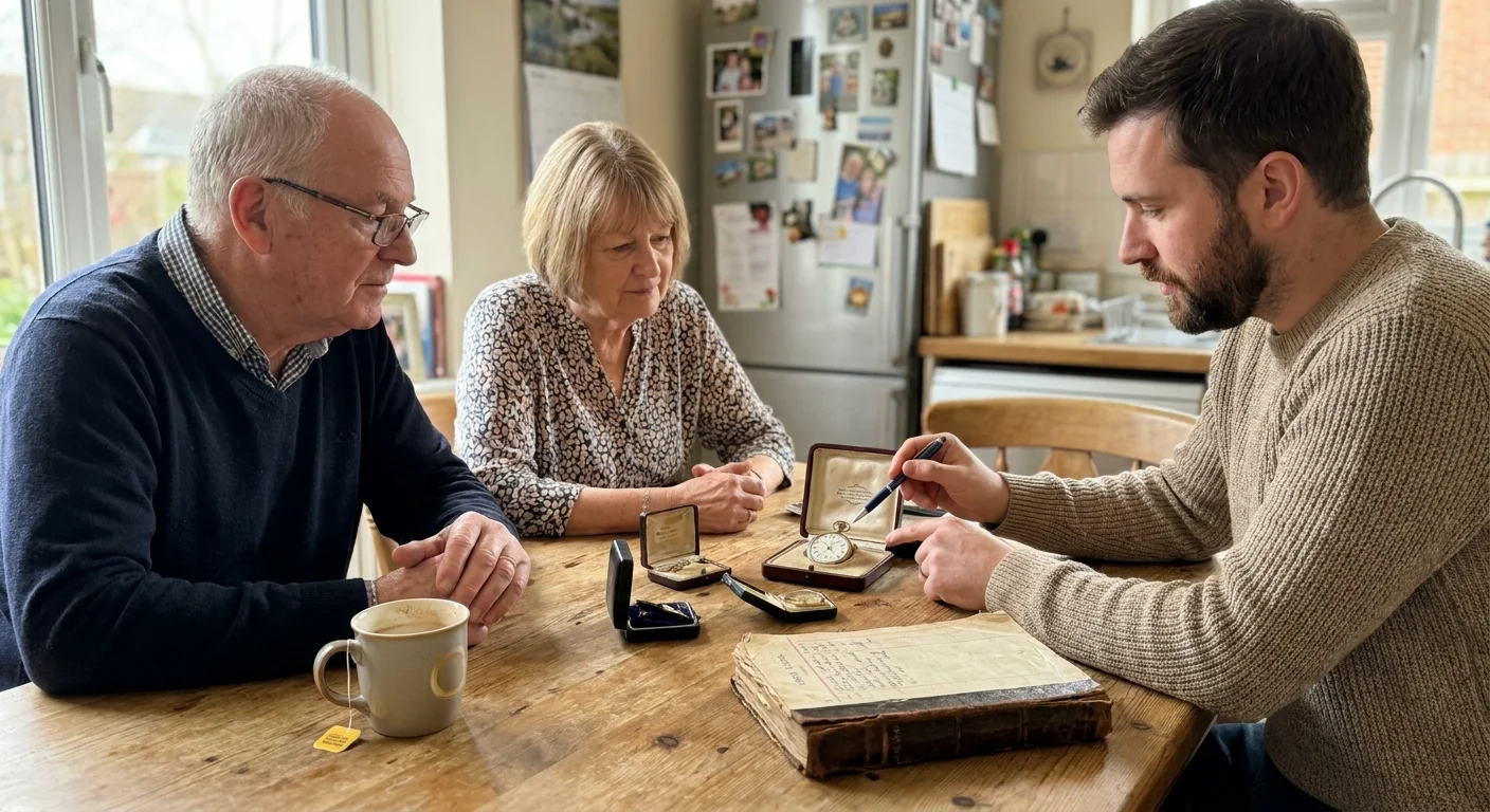 An older couple talks with a professional appraiser at their kitchen table, surrounded by vintage items.