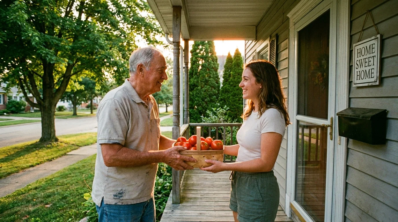 An older man sharing garden produce with a neighbor on his front porch, representing the choice to age in place.