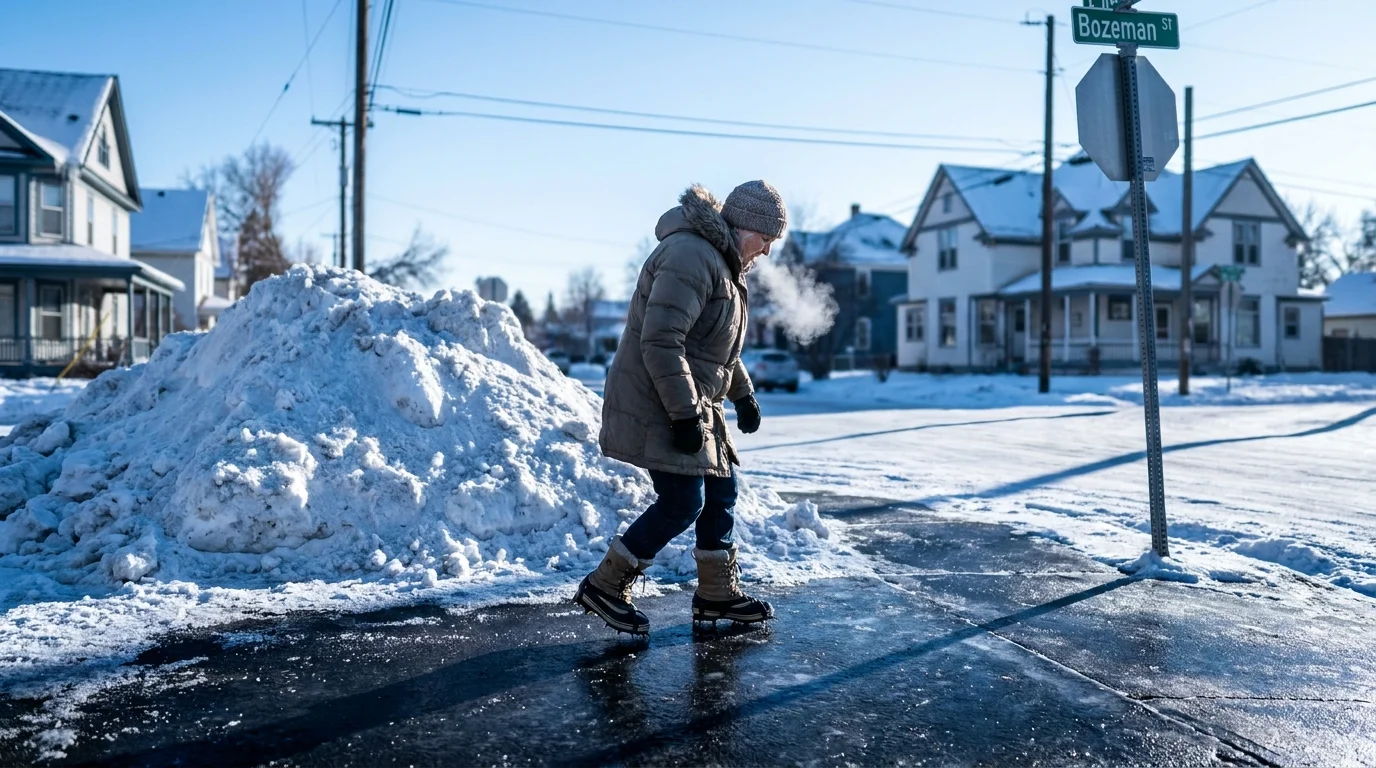 An older woman carefully walking on a thick sheet of black ice on a snowy street in Bozeman, Montana.