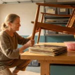 An older woman in a sunlit garage workshop inspects a mid-century teak chair alongside a collection of vintage items intended for sale.