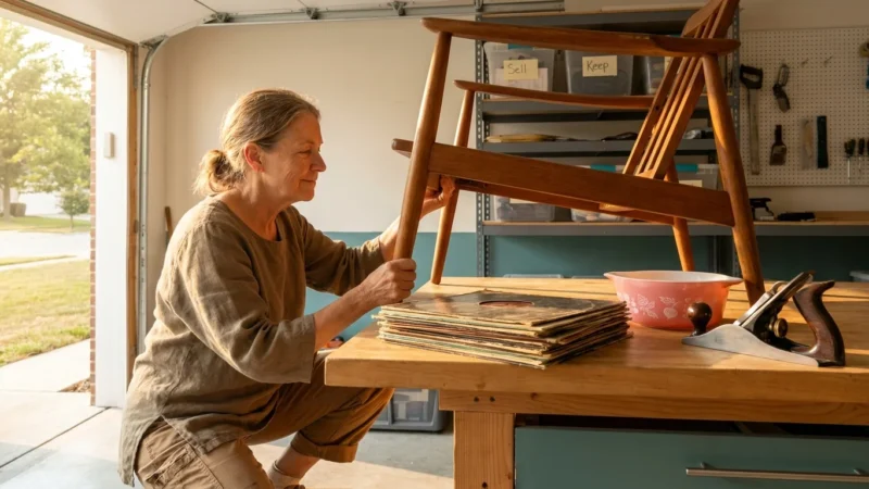 An older woman in a sunlit garage workshop inspects a mid-century teak chair alongside a collection of vintage items intended for sale.