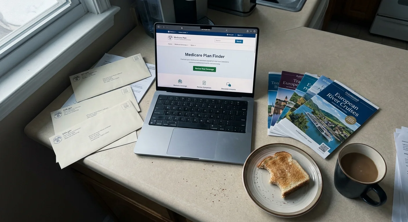 An open laptop showing the Medicare Plan Finder website surrounded by unopened Social Security mail and travel brochures.
